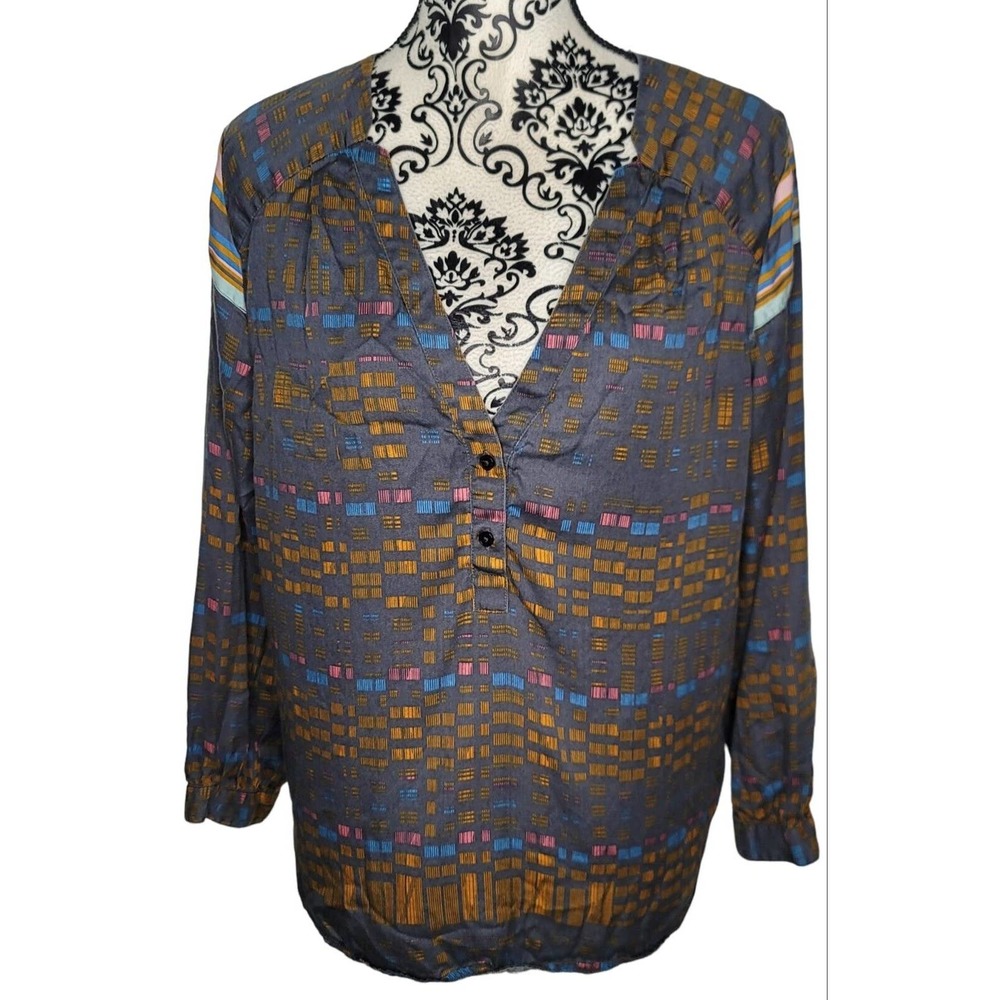 Prana Elsie Blouse Popover Top Placket Button Stripe Multicolor Size L